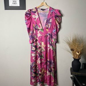 PatBO Dress Floral Puff Sleeve Button Front Dress Purple Size 8